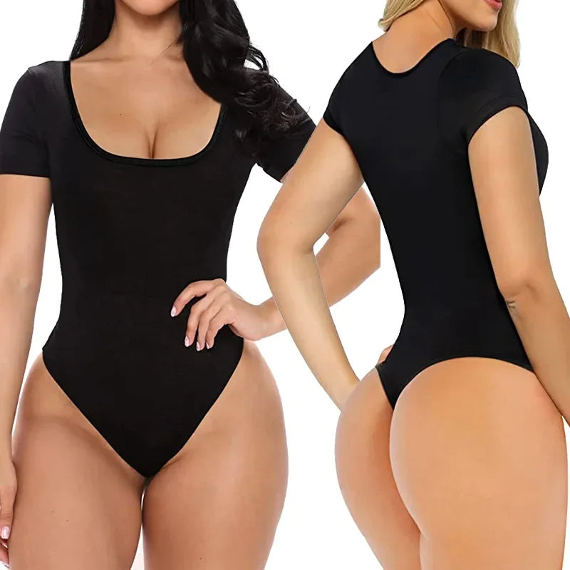 GUUDIA Short Sleeve Open Crotch Big U Neck Seamless Shaper