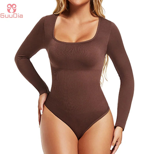 GUUDIA Open Crotch Big U Neck Seamless Long Sleeve Bodysuit